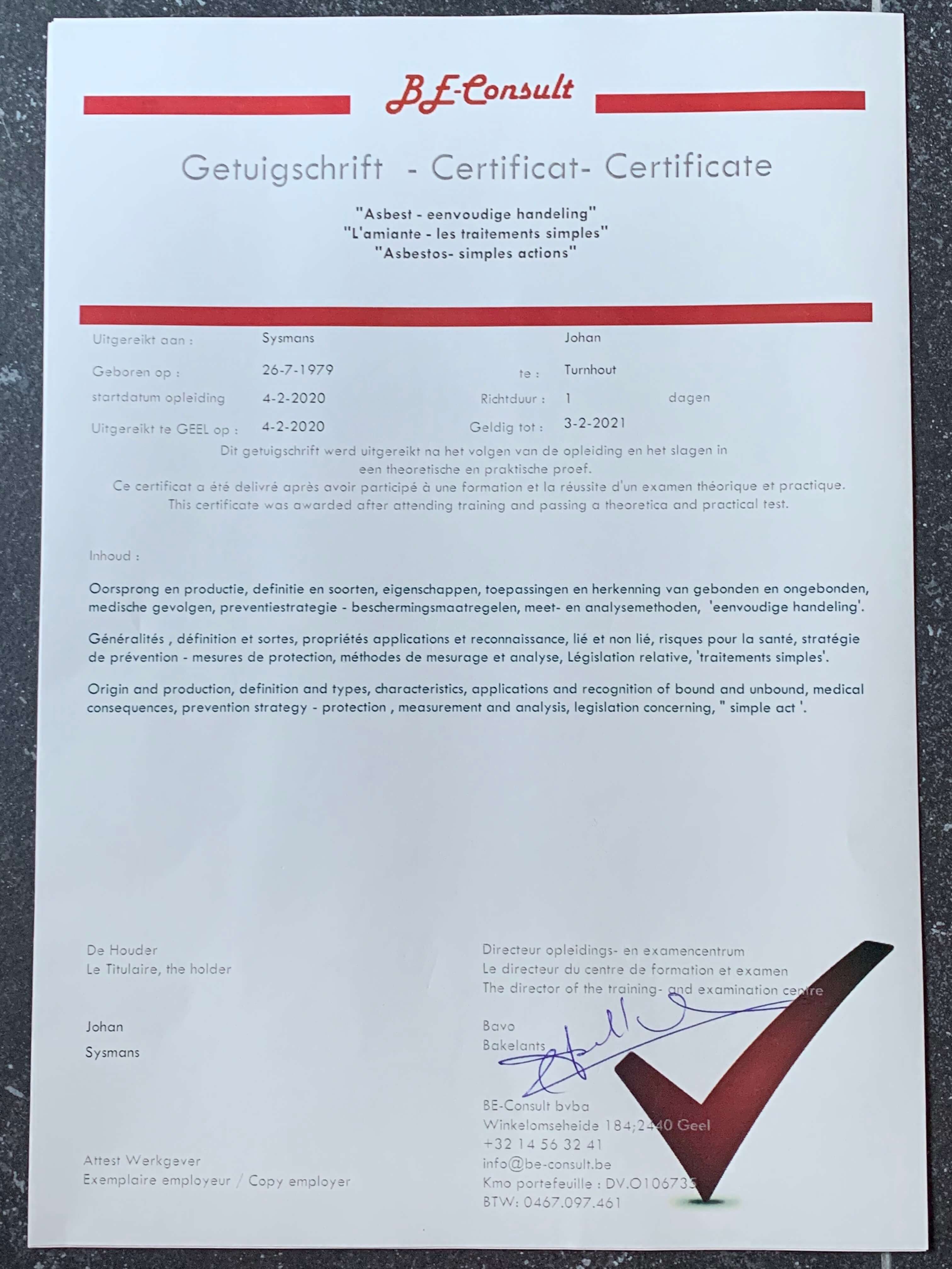 certificaat asbest